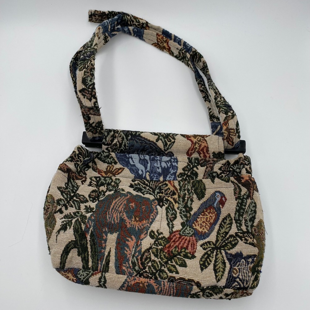 Vintage Tapestry Animal Print Shoulder Bag Wood Handle Purse Zoo Jungle Handmade